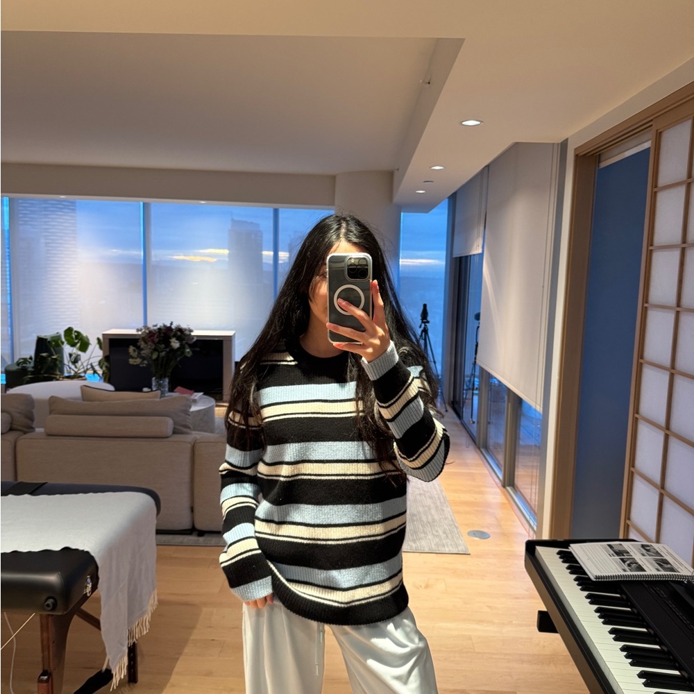 Striped Crewneck Sweater in Black and Light Blue